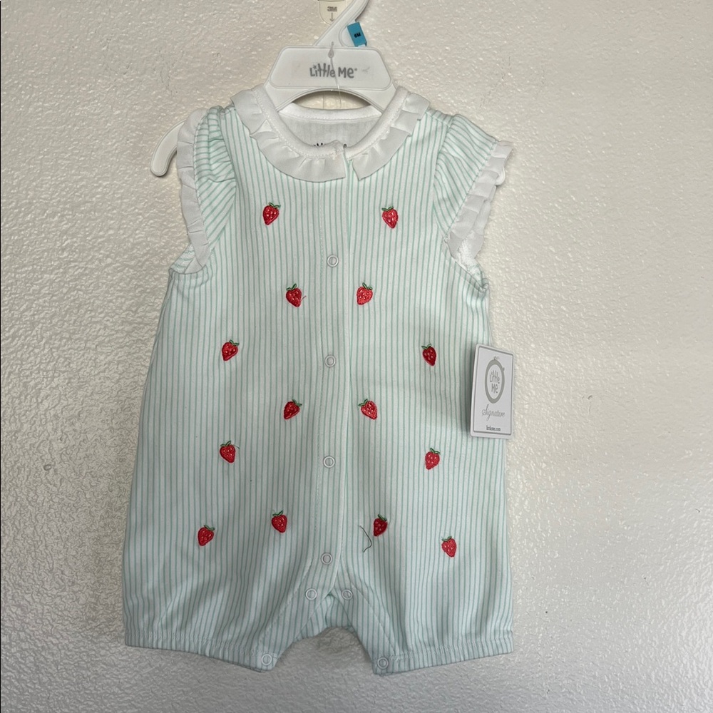 NWT Little Me Green and White Striped Romper with Red Strawberry Accents sz 6 m